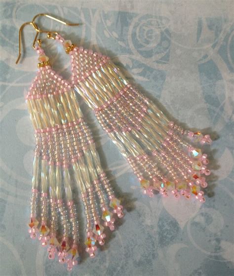 Seed Bead Fringe Earrings Long Pink Beaded Crystal Earrings Etsy