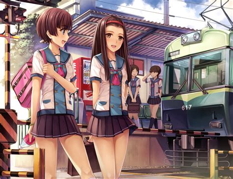 Anime Girls School Uniform Train Railway Crossing Wallpaper Anime