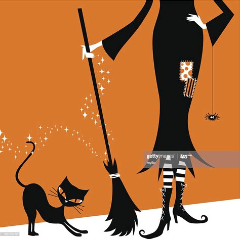 Halloween Witch And Black Cat Retro Vintage Illustration
