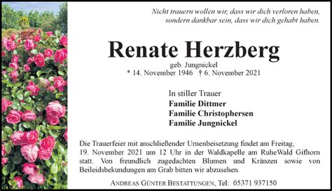 Traueranzeigen Von Renate Herzberg Trauer Anzeigende