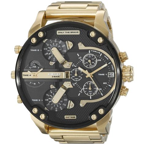 Diesel Mens Mr Daddy Size 20 Chronograph 4 Time Zones Gold Tone