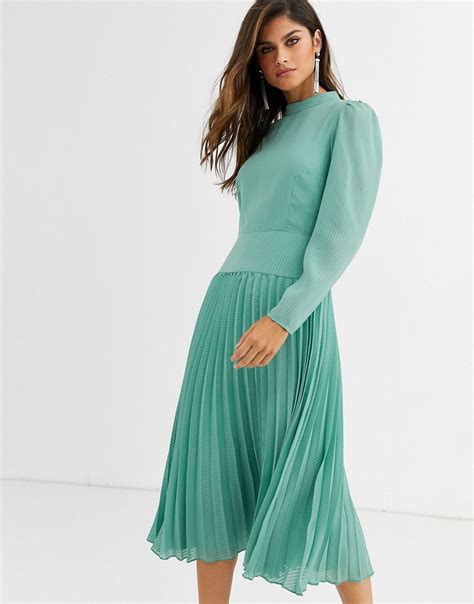 Asos Design High Neck Pleated Midi Dress With Long Sleeves In Sage