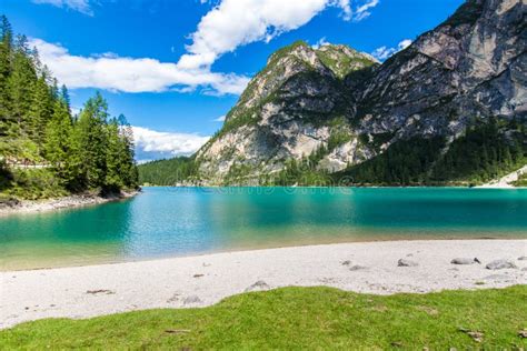 Braies Lake Lago Di Braies In The Dolomites Italy Stock Image Image
