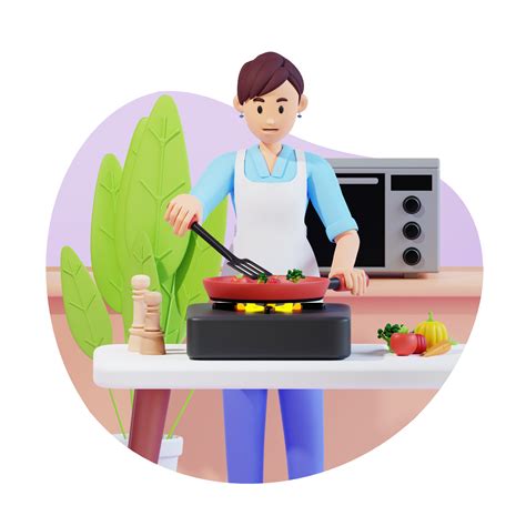 Young Mother Is Cooking Food In The Kitchen 3d Character Illustration