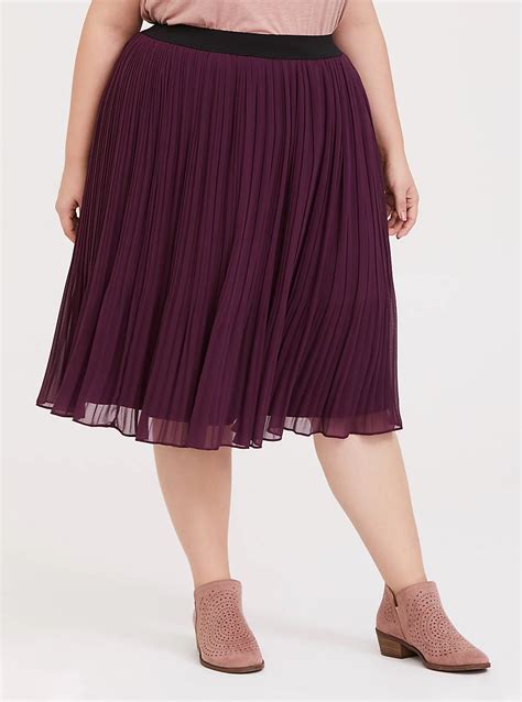 Plus Size Burgundy Purple Chiffon Pleated Midi Skirt Torrid