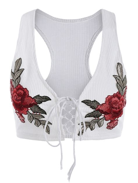 2018 Lace Up Floral Embroidered Knitted Cropped Top White One Size In