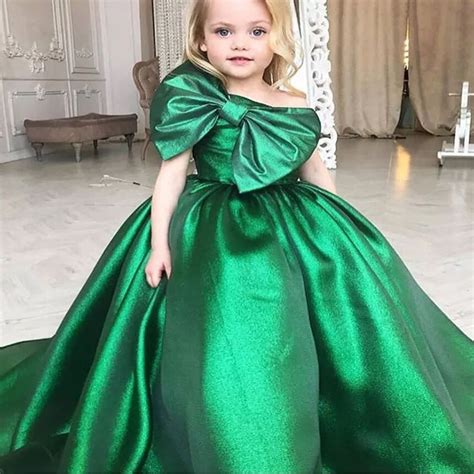 emerald green ball gown girl s pageant dresses 2020 one shoulder flower girls dresses big bow