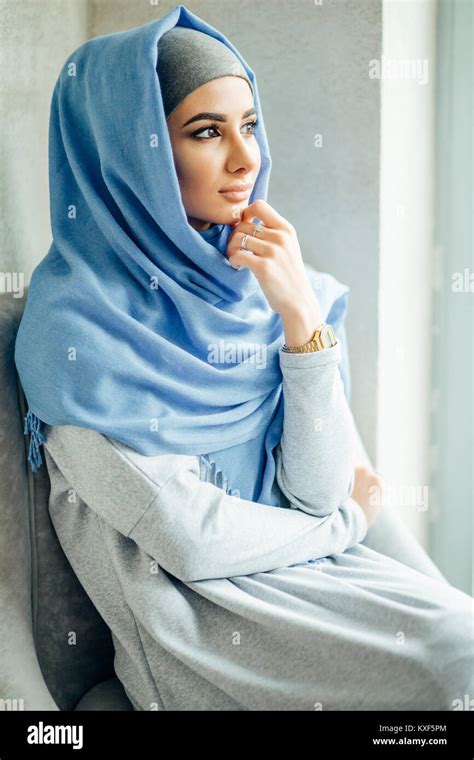 Portrait Of A Beautiful Muslim Woman In Cafe Stock Photo Alamy