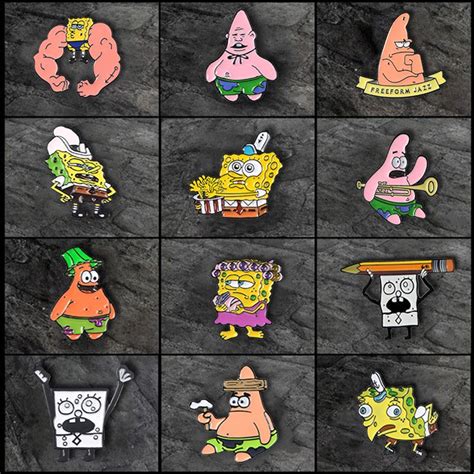 12 Style New Fashion Funny Cartoon Enamel Pins Famous Spongebob