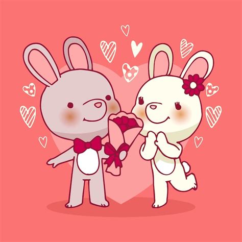 Free Vector Valentines Day Rabbits Couple Hand Drawn