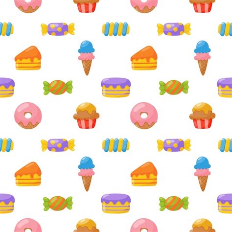 Cute Candy Seamless Pattern Sweets Desserts Isolated Vector Premium