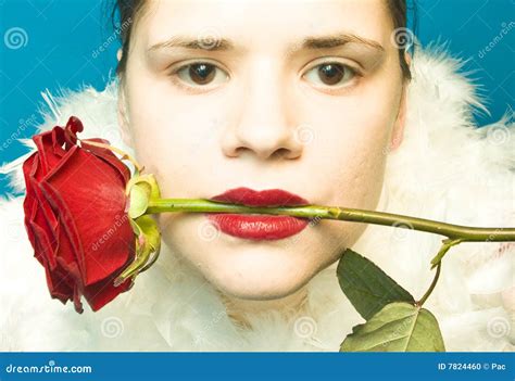 Woman With Red Rose In Mouth Stock Photo Image 7824460