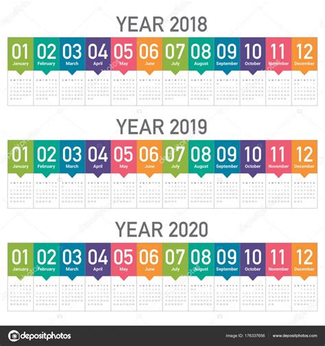 Year 2018 2019 2020 Calendar Vector — Stock Vector © Dolphfynlow 176337656