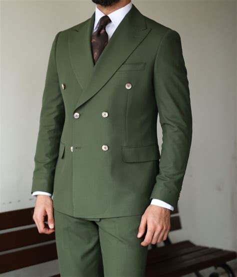 Saffron Street Slim Fit Khaki Green Double Breasted Mens Two Piece Suit With Decorative Gold