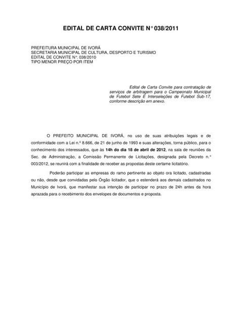 Edital De Carta Convite NÂ° 0382011 Prefeitura Municipal De IvorÃ¡