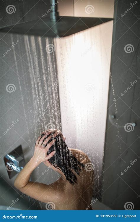 Woman Taking A Long Hot Shower Washing Her Hair Stock Image Image Of Ceiling Modern 131953553