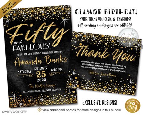 Fifty And Fabulous Elegant Gold And Black 50th Digital Birthday Invitati