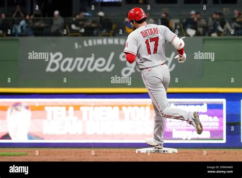 Los Angeles Angels Shohei Ohtani Rounds Second Base After Hitting A