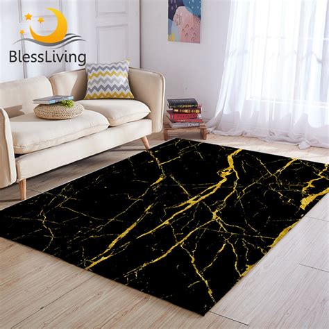 Marble Area Rug For Living Room Modern Gold Glitter Black Etsy