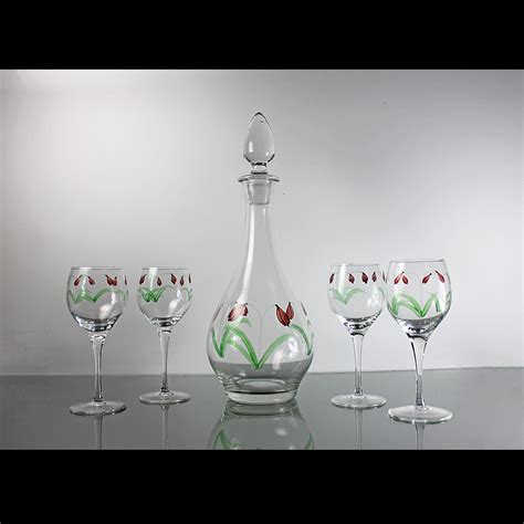 Tall Floral Decanter Set Four Wine Glasses Hand Painted Original Stopper 15 Inch Clear