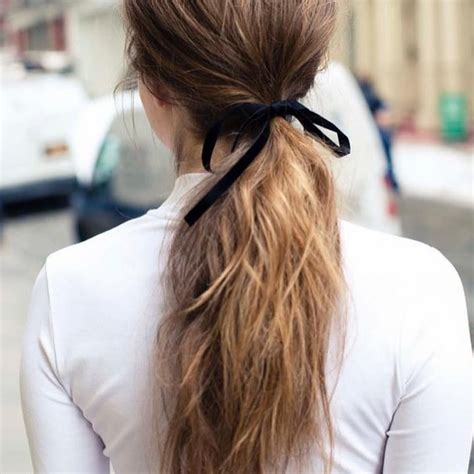 Black Ribbon Hair Bow Tie Long Pony Tail Hair Looks Long Hair Styles