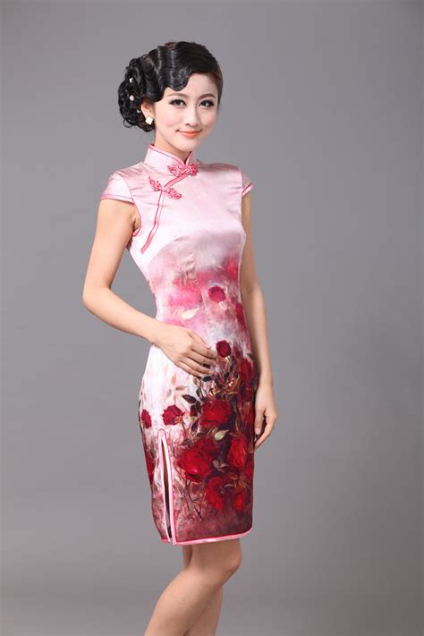Brilliant Red Peony Flowers Silk Cheongsam Qipao Cheongsam Dresses Women