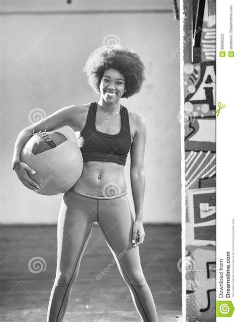 Black Woman Carrying Crossfit Ball Stock Image Image Of