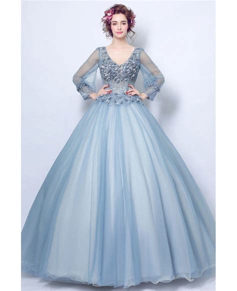 Affordable Ball Gown Blue Applique Prom Dress With V Neck Long Sleeves