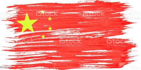 Art Brush Watercolor Painting Of Chinese Flag Blown In The Wind