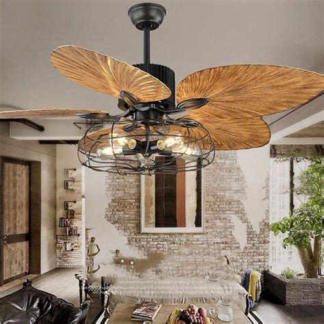 Industrial Cage Ceiling Fan With Light Tropical 5 Lights Remote Control