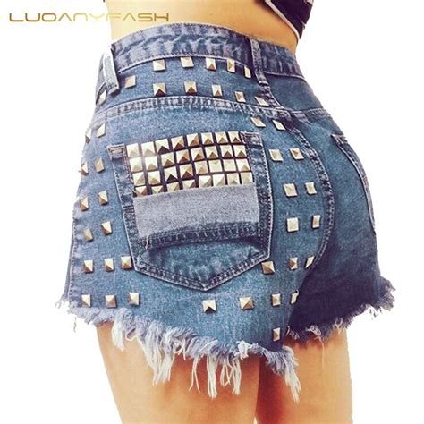 Luoanyfash 2017 Vintage Fringe Blue Denim Shorts Hot Ripped Hole Women Casual Pocket Rivet Jeans