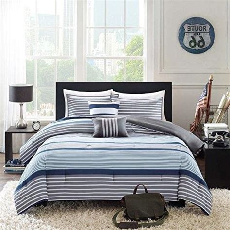 Boys Navy Blue White Grey Stripes Comforter Twintwin Xl Set Horizontal