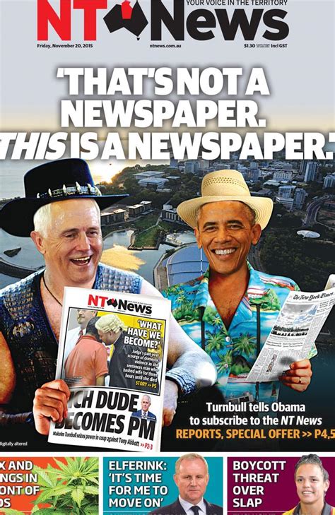 photo concern grows over environmental impact of plastic utensils. Obama v Malcolm Turnbull on NT News cover
