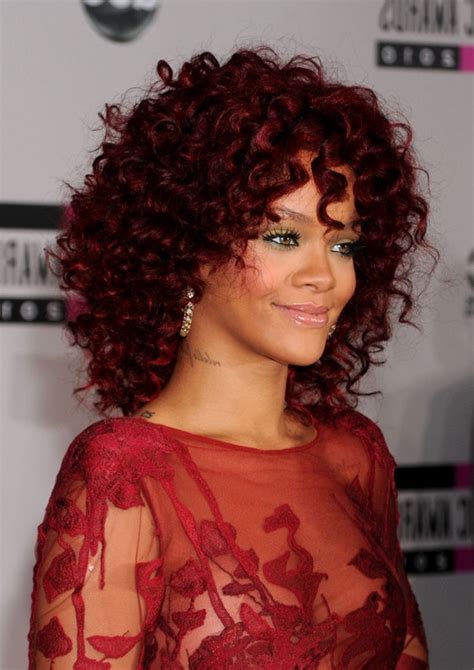 Rihanna Red Curly Hairstyle For Shoulder Length Hair Styles Weekly