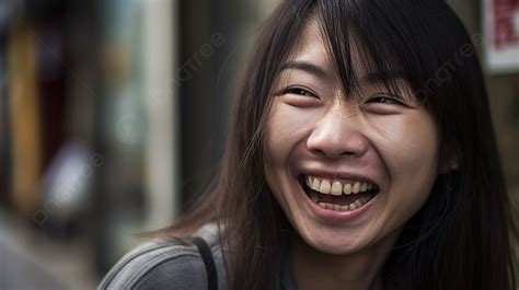 An Asian Woman Is Laughing While Walking Down The Road Background Asian Woman With A Smile