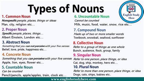 types  nouns english study