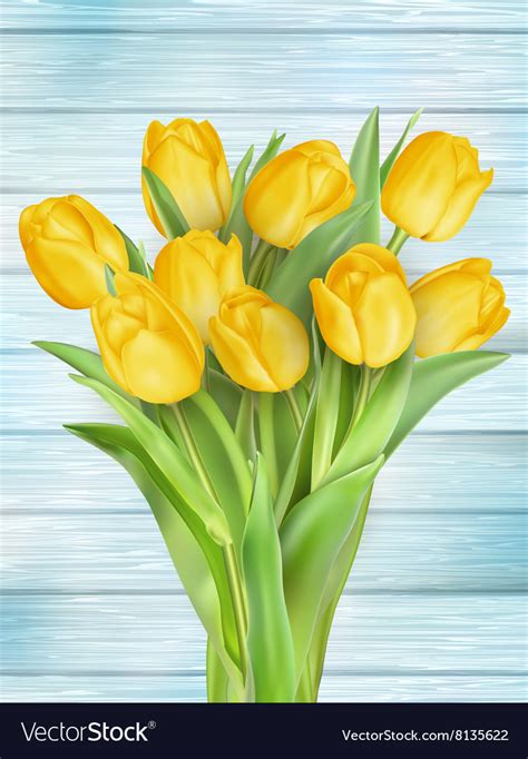 Yellow Tulips Flowers On Wooden Planks Eps 10 Vector Image