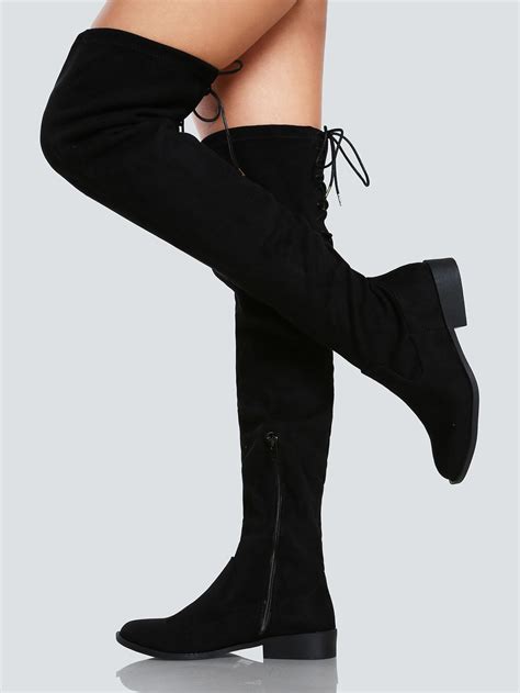 Faux Suede Back Lace Up Thigh High Boot Black Sheinsheinside Thigh High Boots Knee Boots