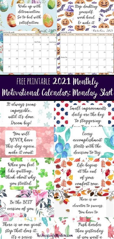 Free Printable 2021 Monday Start Monthly Motivational Calendars In 2020