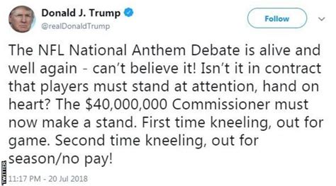 Donald Trump Wants Nfl Players Banned For Season If They Kneel During Anthem Bbc Sport