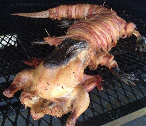 Bacon Wrapped Alligator With Whole Chicken In Its Mouth Is A Sight You