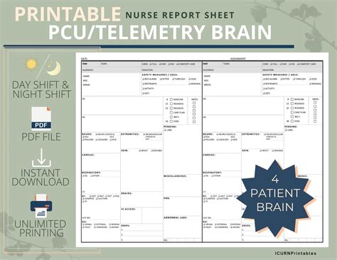 Pcu/step-down/telemetry Nurse Brain Report Sheet Printable PDF Download