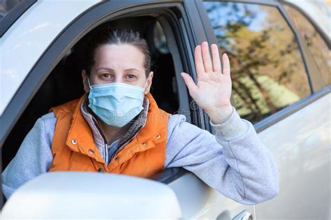 Driving Car With Face Mask And Sunglasses Stock Image Image Of Health Female 184076119
