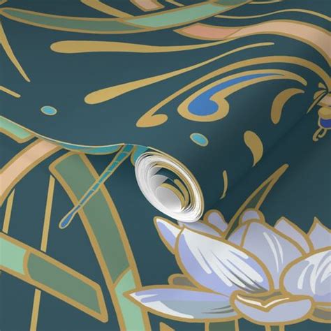 Art Nouveau Dragonflies Deep Teal Wallpaper Spoonflower