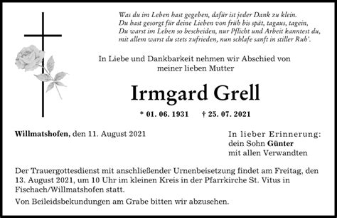 Traueranzeigen Von Irmgard Grell Augsburger Allgemeine Zeitung
