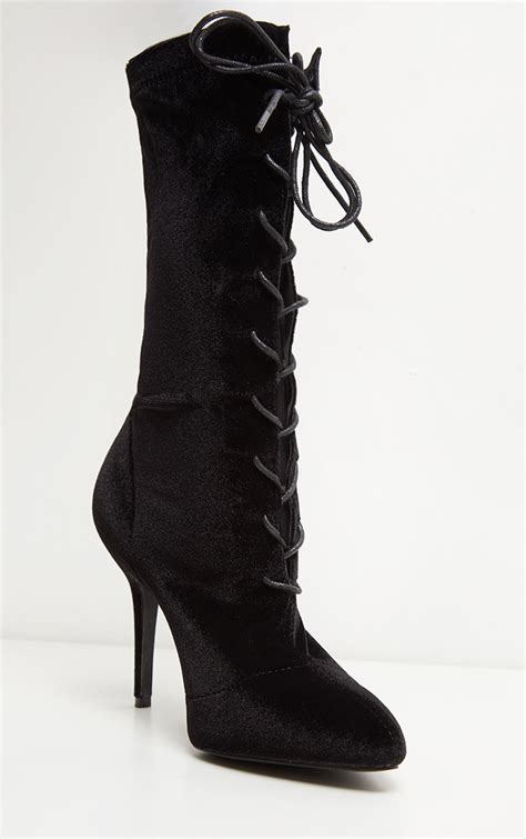 black velvet mid heel lace up ankle boot prettylittlething usa