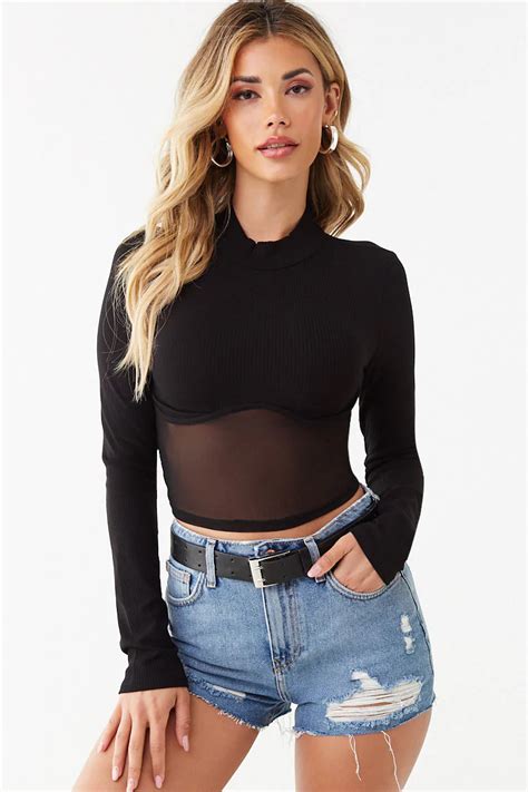 Ribbed Mesh Panel Crop Top Forever 21 Crop Tops Forever21 Tops Ribbed Knit Top