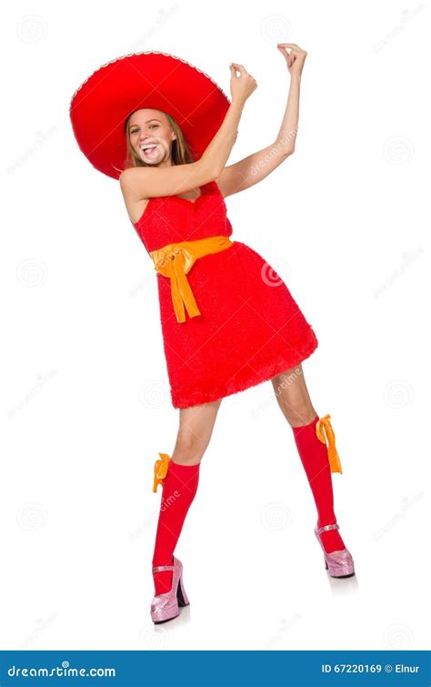 The Woman Wearing Sombrero On The White Stock Image Image Of Lady