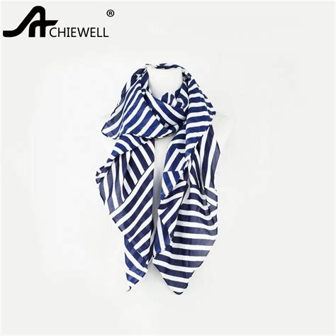 achiewell 140x140cm blue white stripes stitching chiffon scarf large sunscreen shawl for women
