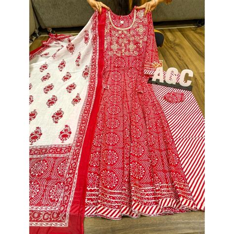 Preeticollection Rayon Anarkali Red Color Gown With Pant And Dupatta